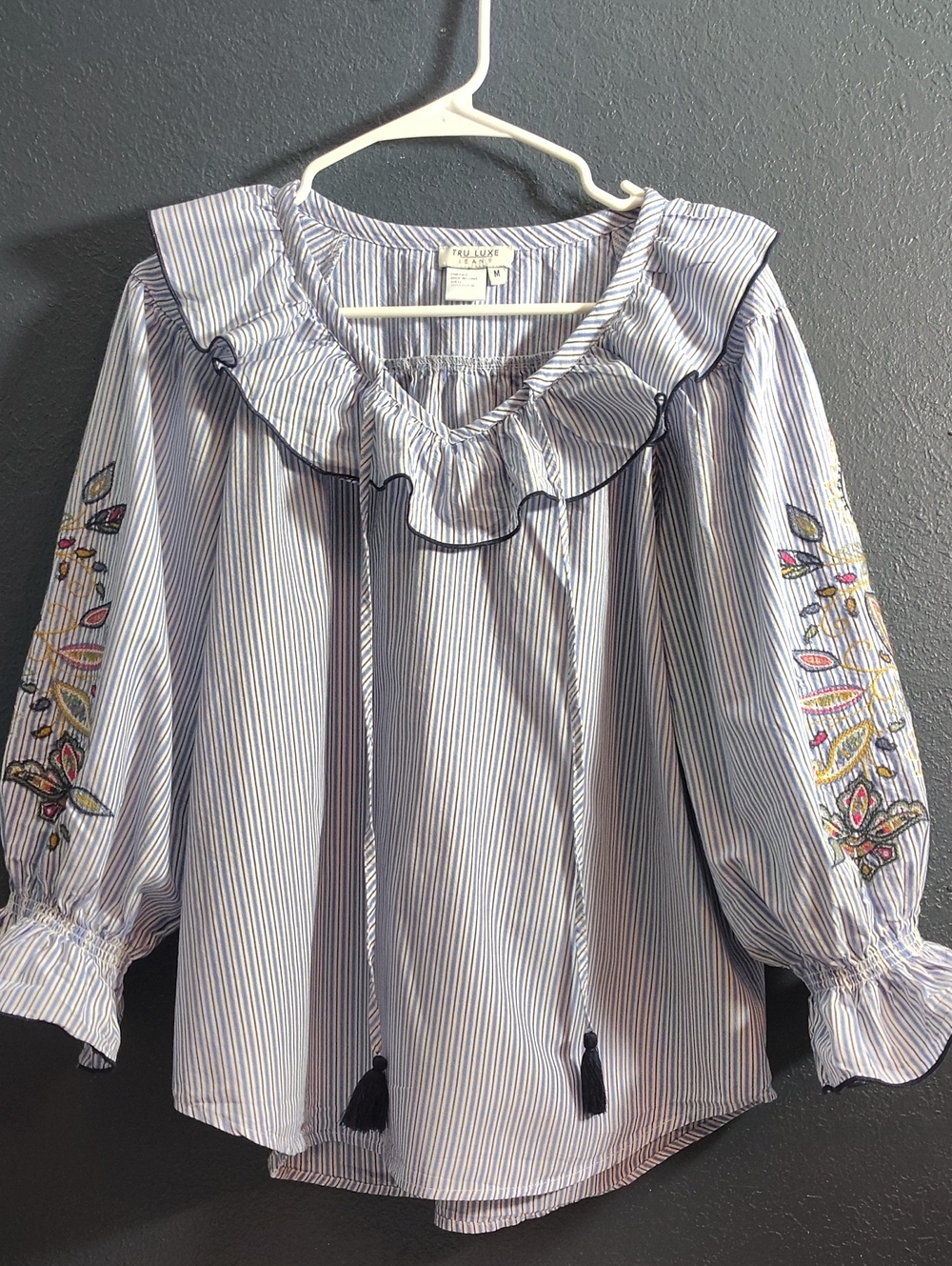 Ruffled Boho Charming Peasant Blouse with Embroidered Sleeves - Blue Stripe